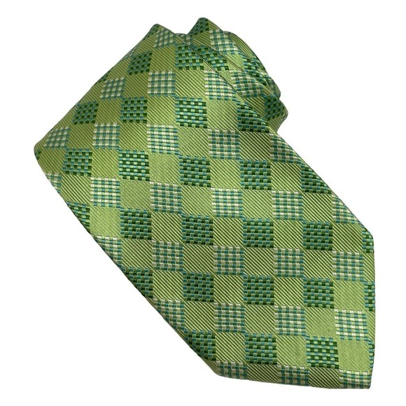 Boss Hugo Boss Necktie Green Geometric Italy 100% Silk